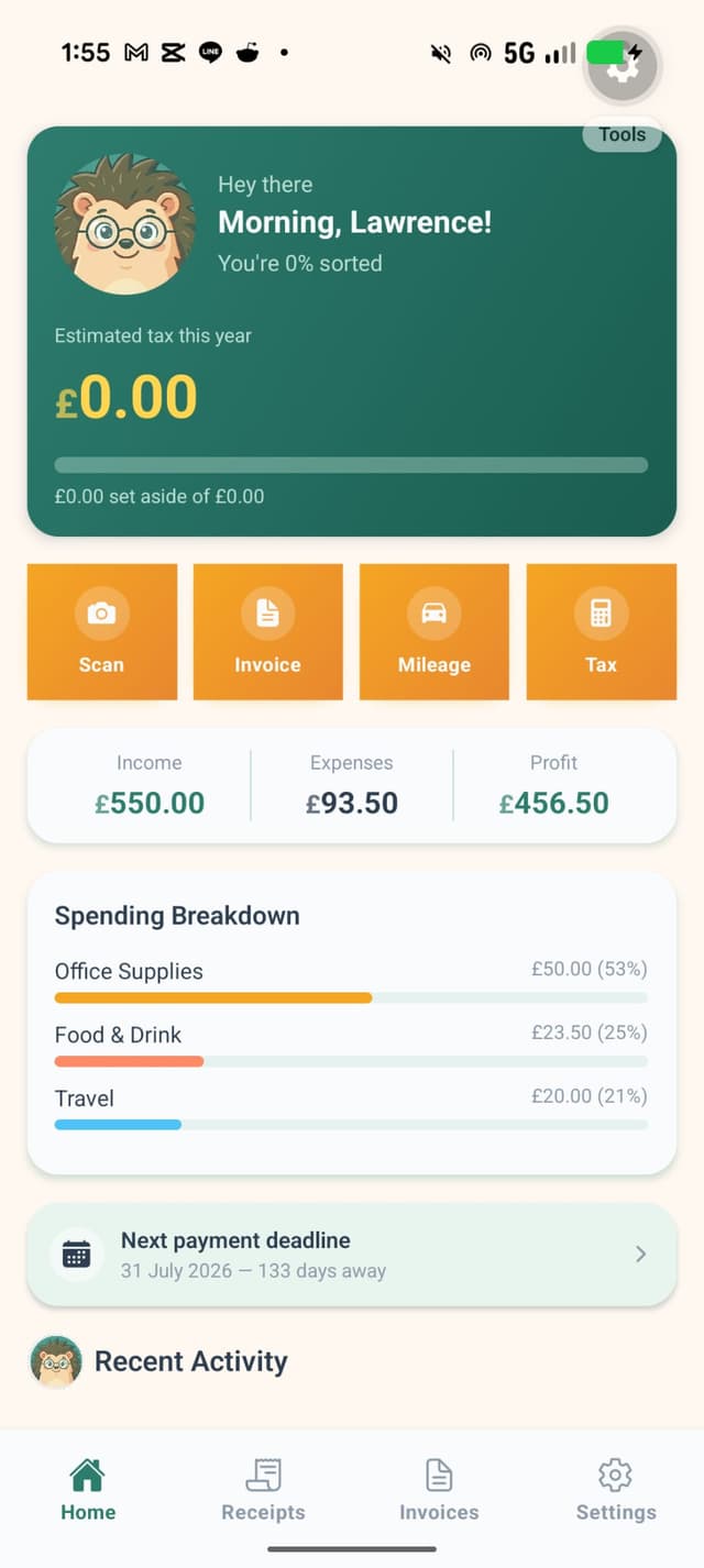 Sorted app dashboard with Hedgie greeting, tax estimate, quick actions, spending breakdown, and next payment deadline