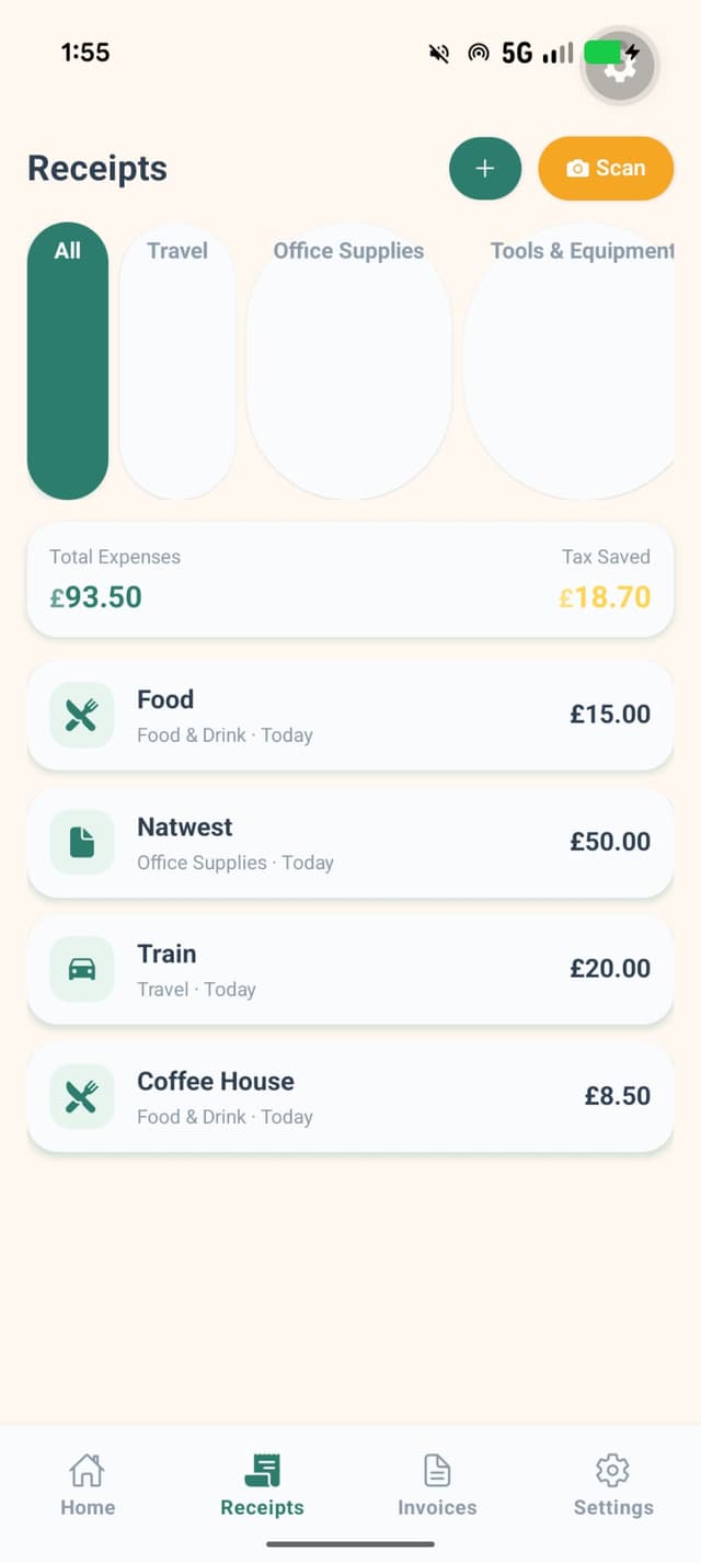 Sorted app receipts screen showing category filters, total expenses, tax saved, and itemised receipt list